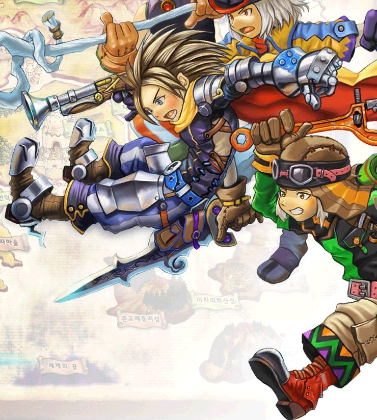 Painted illustration of four adventurers leaping forward, swords and a trumpet-barrelled gun raised, over a faded map of Junon.