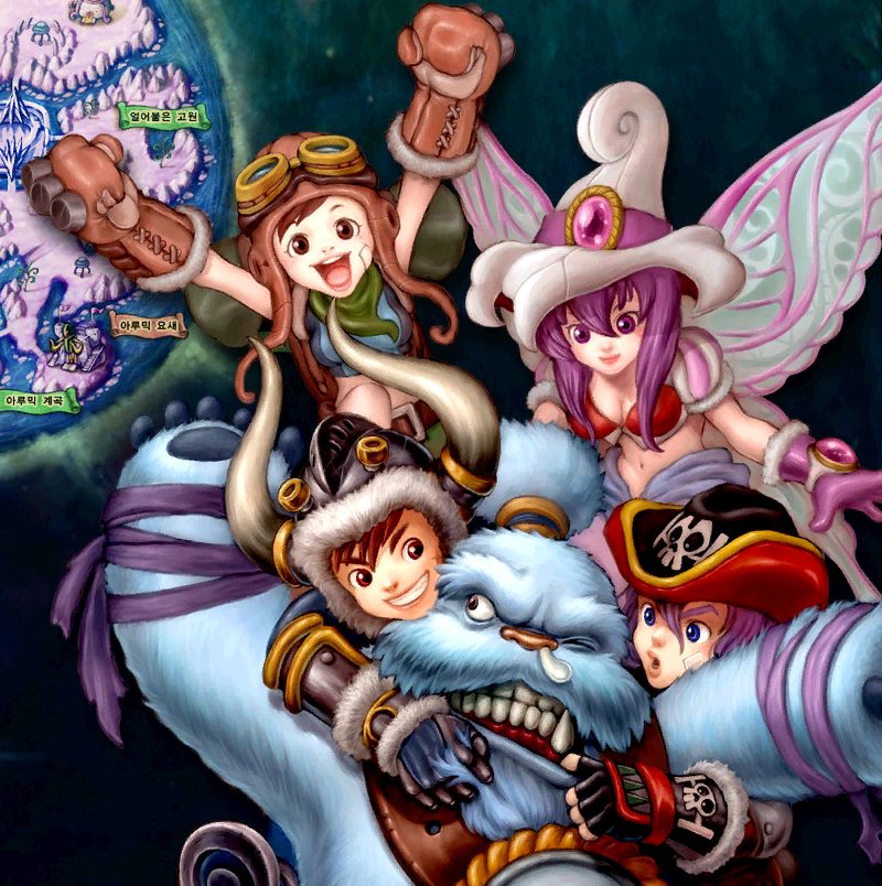 Painted illustration of adventurers in winter furs riding a tearful blue yeti beside a winged fairy, the frozen map of Luna behind them.