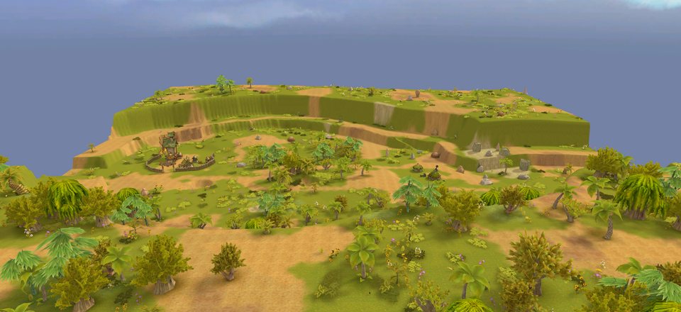 A generated valley of grassy ledges and cliffs, with a wooden tower, a fenced yard and scattered huts among the trees.